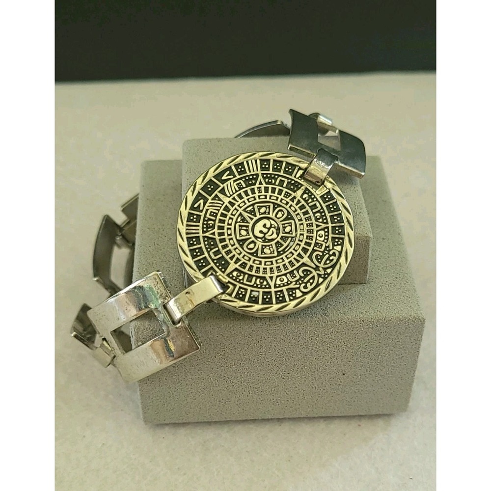 Vintage Mexican Sterling Silver Aztec Sun Stone Tank Link Bracelet 25.56g .63"
